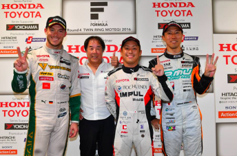 Yuhi Sekiguchi (centre) celebrates his maiden Super Formula win