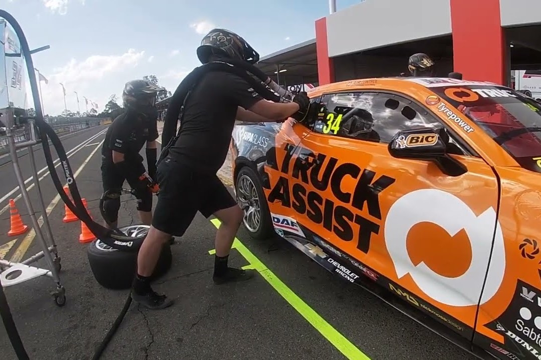 A Supercars pit stop from a bodycam worn by a Truck Assist Racing crew member. Image: Supplied