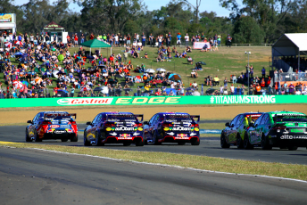 The Triple Eight Holdens lead away at the start of Race 17