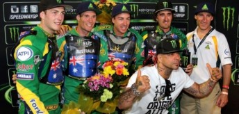 Darcy Ward, Jason Doyle, Troy Batchelor and Chris Holder celebrate with Mark Lemon and a guest