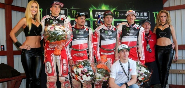 A relieved Polish Team after making it into the Speedway World Cup Final