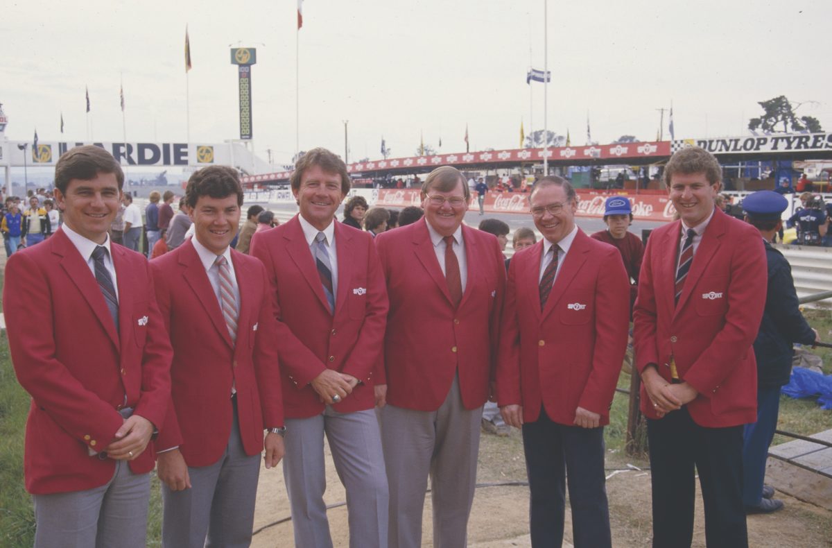 The Seven motorsport team of (left to right) Steve Robilliard, Neil Crompton, Garry Wilkinson, Mike Raymond, Allan Moffat, and Pat Welsh