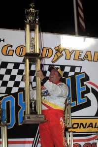 Tim Shaffer celebrating his victory at the Goodyear Knoxville Nationals last August. Pic: Paul Carruthers
