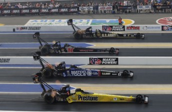 Spencer Massey (near lane) took the win and Championship lead from Antron Brown (second from bottom)