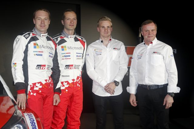 Toyota's 2017 WRC line-up (from left), Jari-Matti Latvala, Juho Hanninen, Esapekka Lappi and team principal Tommi Makinen 