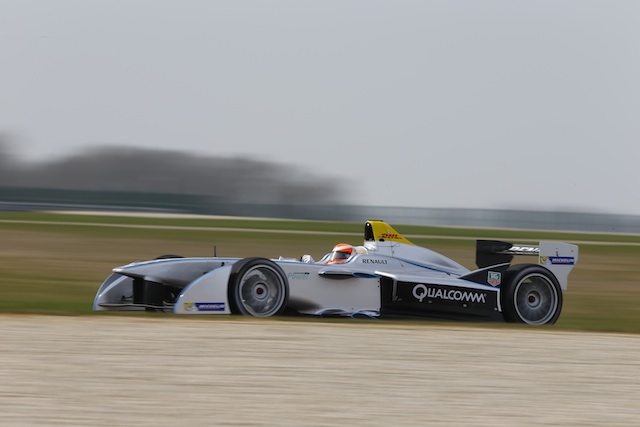 The all new Formula E car being driven by Jarno Trulli
