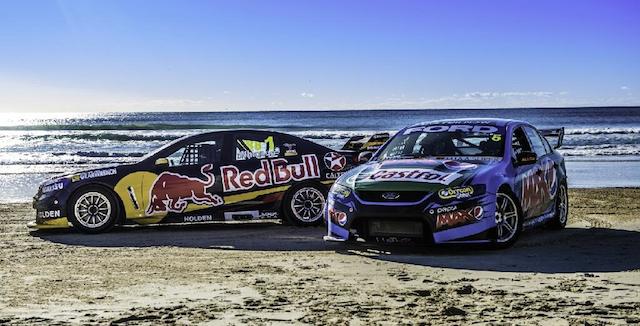 The Red Bull and Pepsi Max cars on the beach at Surfers Paradise