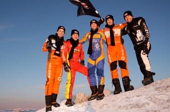 Craig Lowndes, Russell Ingall, Will Davison, Jamie Whincup and Fabian Coulthard on top of Mount Perisher