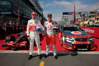 Jenson Button and Jamie Whincup during their press stunt at Albert Park