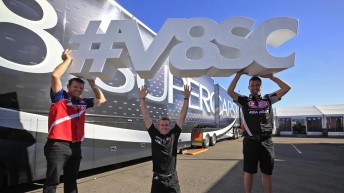 BJR drivers Jason Bright, Dale Wood and Fabian Coulthard pose with a V8 Supercars promotional prop in Townsville