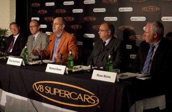 James Erskine (SEL), Andrew Gray (Archer Capital), Tony Cochrane (V8 Supercars Chairman), Roland Dane (Triple Eight) and Ross Stone (SBR) at yesterday