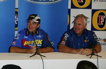 Marcos Ambrose at the 2005 Australian Grand Prix, announcing with Ross Stone that he would be leaving V8 Supercars for a shot at NASCAR. Six years on, he has taken his first Sprint Cup win