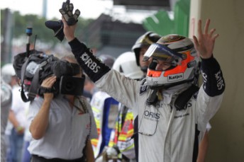 Nico Hulkenberg celebrates his maiden F1 pole position