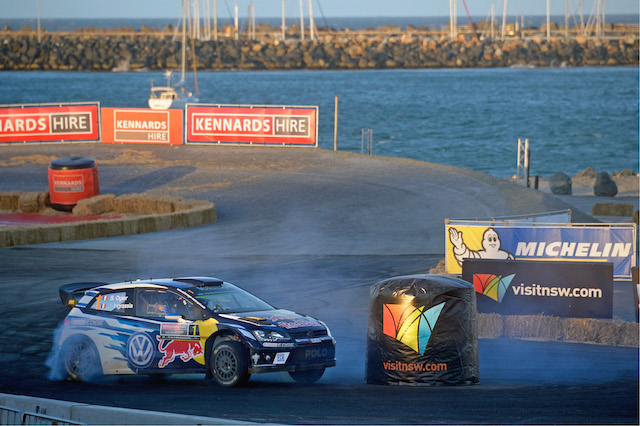 Sébastien Ogier and co-driver Julien Ingrassia tackle the new-for-2016 Super Special stage at Coffs Harbour 