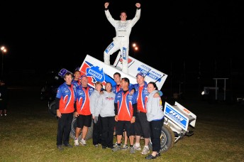 Jason Johnson in victory lane with the HM Racing team at Mount Gambier. Pic: Ash Budd