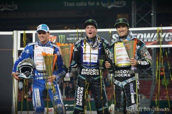 An elated Darcy Ward is flanked by Matej Zagar (left) and third placed Chris Holder