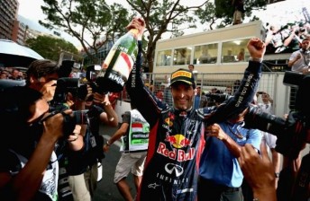 Mark Webber celebrates his second Monaco success