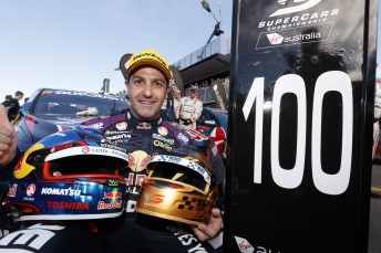 Jamie Whincup celebrates his 100th Supercars race win