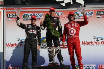Will Power (centre) won the last IndyCar race staged at Watkins Glen in 2010