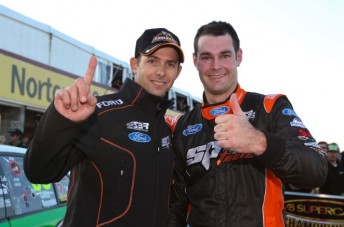 Youlden (left) with Van Gisbergen after their 2012 Sandown 500 pole position