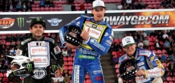 Matej Zagar (centre) flanked by Tai Woffinden (left) and Fredrik Lindgren