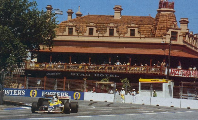 Riccardo Patrese heads onto Rundle Road in 1988