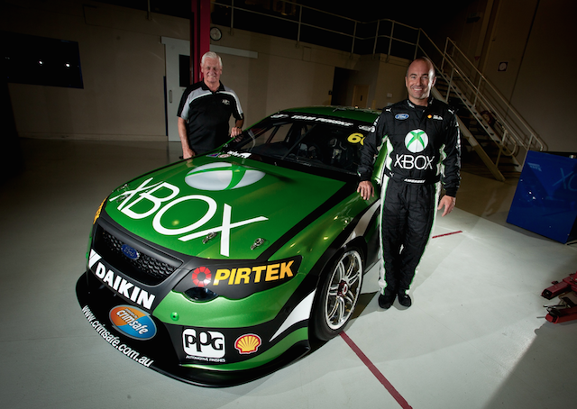 Marcos Ambrose and Dick Johnson with the Xbox Falcon