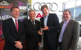 Brett and James Frizelle, Martin Whitaker, Minster Phil Reeves announces the Audi Centre Gold Coast as the official vehicle supplier of this year