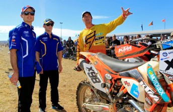 From left: Slade, Holdsworth and motorcycle winner Price