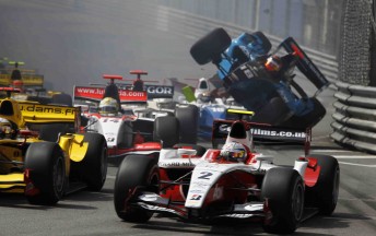 ART driver Sam Bird (foreground) avoids the carnage at Monaco yesterday