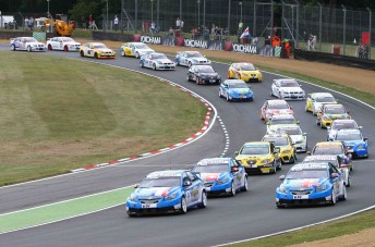 Yvan Muller leads the field for the start of the first race at Brands Hatch