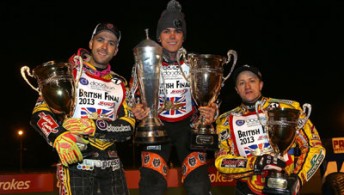 Perth-raised British Champ, Tai Woffinden is flanked by Scott Nicholls (L, 2nd) and Chris Harris 3rd