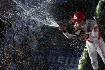 Jenson Button celebrates winning the 2010 Australian Grand Prix