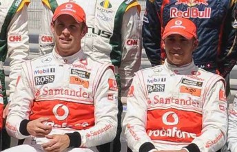 Vodafone McLaren Mercedes drivers Jenson Button and Lewis Hamilton 