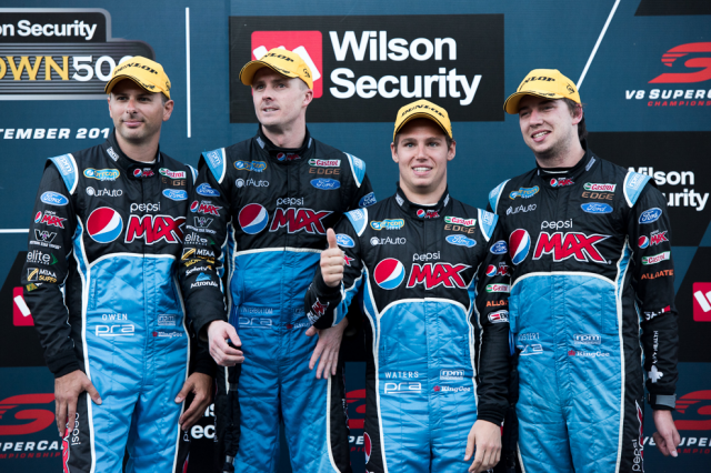 Waters flanked by his Prodrive team-mates on the podium