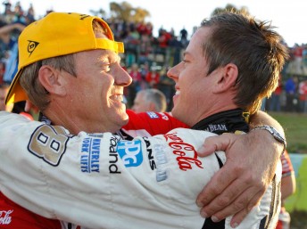 Schwerkolt and championship leader James Courtney celebrate at Winton earlier this year