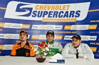 From left, V8 Supercars tester Raed Raffi with Tarek Elgammal and Hahad Al Musalam at a Chevrolet Supercars press conference