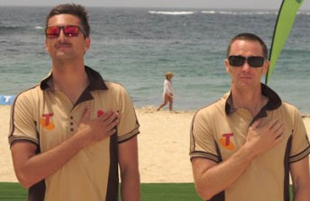 Fabian Coulthard and Greg Murphy during a beach cricket match in Sydney last year. The pair will become team-mates for the V8 SuperTourers endurance races later this year