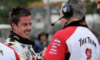 James Courtney congratulated by team manager Adrian Burgess after his victory at the non-championship Australian Grand Prix round recently