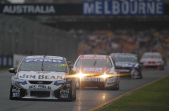 James Courtney leads Garth Tander and Shane van Gisbergen over the line at the Albert Park street track