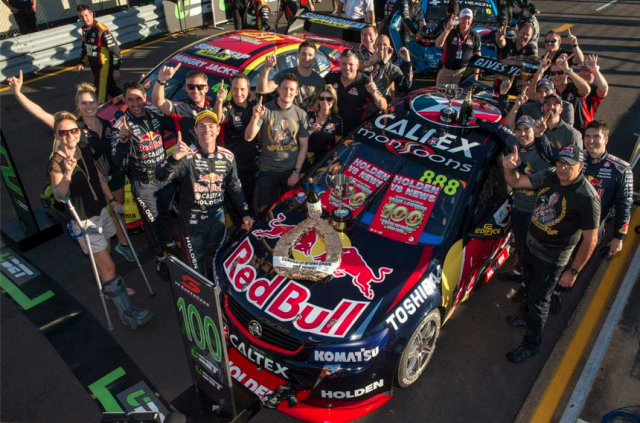 Craig Lowndes celebrates with the Red Bull team
