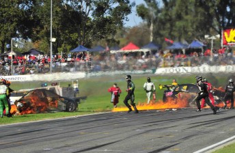The carnage at the start of Race 8 at Barbagallo Raceway