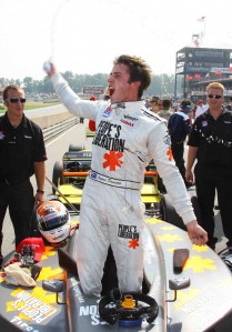 James Daviuson celebrates after winning the Indy Lights race at Mid Ohio last year