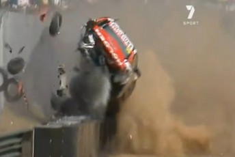 Will Davison leaps in the air at Sandown (Image courtesy of Seven Network)