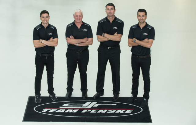 Scott Pye, Dick Johnson, Tim Cindric and Fabian Coulthard at DJRTP headquarters today