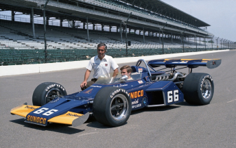Donohue and Penske with the 1972 Indy 500 winning entry, sporting the #66 