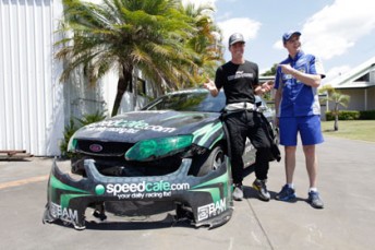 Shannon Eckstein and Mark Winterbottom with the crashed Speedcafe.com car at Norwell today