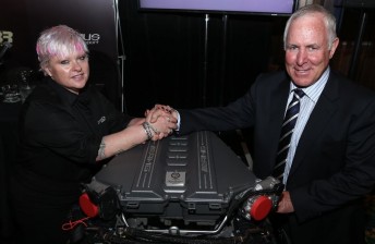 Erebus Racing owner Betty Klimenko and Ross Stone with the engine that the team will run next year