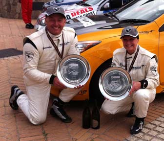 Simon Evans (left) with co-driver and wife Sue