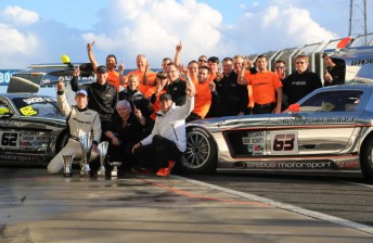 thumb Engel, Hackett and team owner Betty Klimenko celebrate with the Erebus team